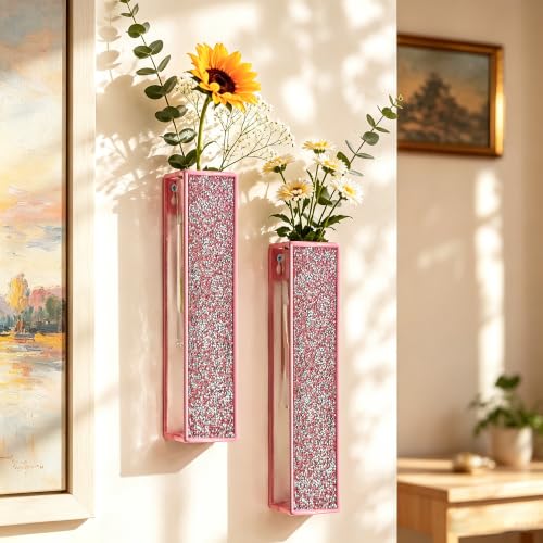 2 Pack Hanging Planters with Tubes Metal Hanging Vase Indoor Plants Holder Modern Geometric Boho Bathroom Wall Decor for Living Room Home Office - color: Pink-crys Pink