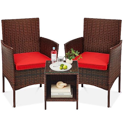Best Choice Products 3-Piece Outdoor Wicker Conversation Bistro Set, Space Saving Patio Furniture for Garden w/Side Table - Brown/Red - color: Brown/Red