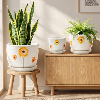 Ceramic Plant Pots,Sunflower Planters with Drainage Holes & Matching Saucer | Ceramic Flower Pot for Indoor Plants | Medium Plant Pots | Cute Herb Planting Pots | Hand-Painted Sunflower Design Pots - color: White and Yellow
