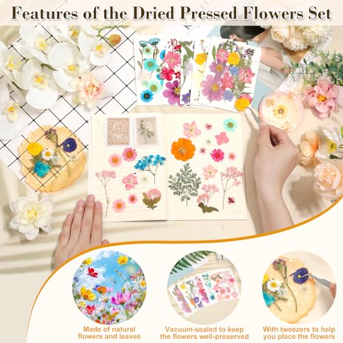 120 PCS Real Pressed Flowers, Natural Dried Pressed Flowers for Resin, Dried Florals Dry Flowers Leaves Kit with Tweezers for Scrapbooking DIY Art Crafts, Mother’s Day Birthday Gift - size: 120 Pcs Pressed Dried Flowers with Tweezers