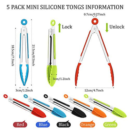 5 Pack Mini Small Tongs with Silicone Tips, 7 in