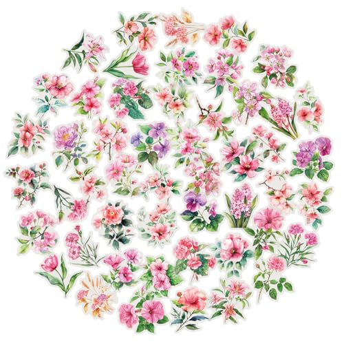 50pcs Pink Flower Stickers for Scrapbooking - Waterproof Clear Floral Botanical Sticker for Journaling, Crafts, Art Projects, Glass Potion Bottles - color: Pink Flower