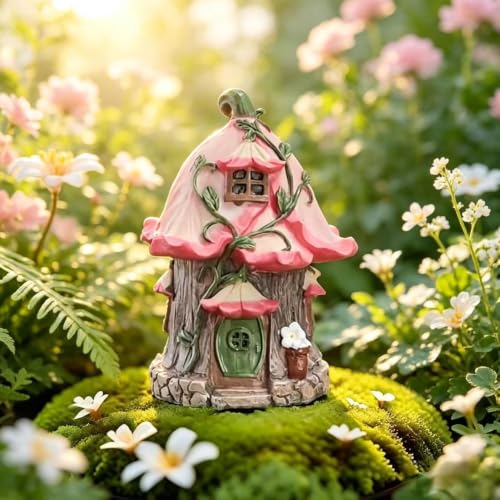 Garden Flower House Statue, Pink Roof, Garden Decorative Resin Flower House Statue, 4.7x6.5 inches, Garden Decor