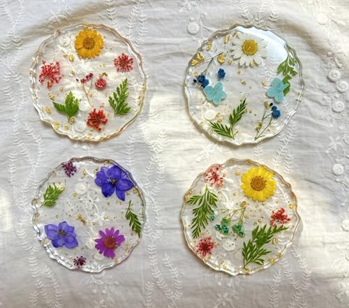 Pressed Flower Resin Drink Coasters, 3.5 Inch Cup Coasters Set of 4, Heat-Resistant for Coffee Table, Dried Real Flowers Cup Coaster,Home Decor, Wedding & Birthday Gift
