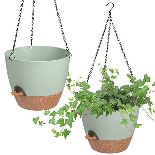 Vanslogreen Hanging Planters for Indoor Outdoor Plants, 2 Pack Self Watering Hanging Pot with Drainage Holes & Removable Tray (Green, 10'') - color: Green, size: 10''