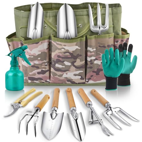 Gardening Tool Set of 9 PCS, Saraily Heavy Duty Gardening Tool Set with Durable Garden Tools Organizer Handbag, Non-Slip Rubber Gloves, Rust-Proof Garden Tool Set, Ideal Garden Gifts for Women, Mom