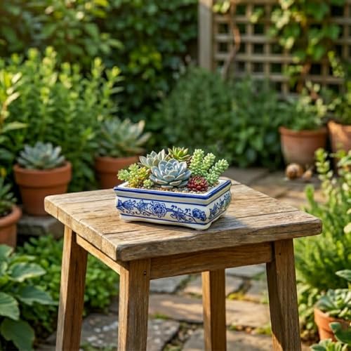 Set of 2 Blue and White Ceramic Bonsai Pots with Drainage Hole, 7.5" & 5" | Rectangular Bonsai Tree Pots Bonsai Planters for Indoor/Outdoor, Succulents, Cactis, Home, Patio, Garden, Chinoiserie Decor - size: 7.4"x4.3"x2.3"&4.9"x2.9"x1.5"