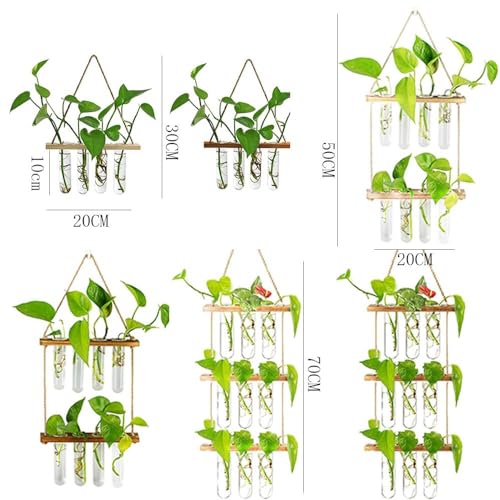 Planter Terrarium,Test Tube Vase Glass Planter Plant Propagation Station Plant Hangers of Rope with Stand for Hydroponic Plant Cutting(-2-Tier)