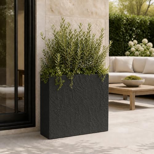 Rock Texture Rectangular Polystone Planter Box, Black, 32.7 x 13 x 28.3 in - color: Black
