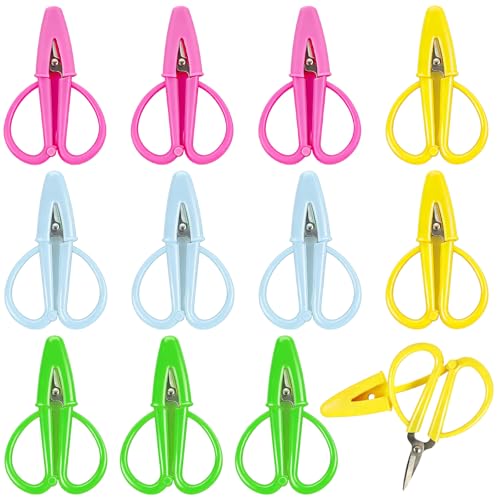 Mini Scissors 12 Pack with Protective Covers for Sewing Embroidery Crafts | Sharp blades, for sewing embroidery crafts knitting DIY, protective covers, portable tiny detail scissors, 4 colors - color: Pink, Green, Yellow, Blue