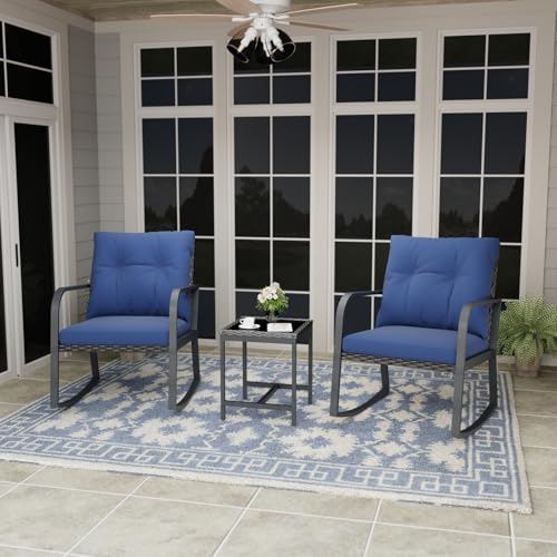 Bistro 3 Piece Patio Furniture Set, Patio Table and Rattan Outdoor Rocking Chairs Set of 2, Outdoor Bistro Conversation Set for Garden, Balcony, Poolside, Backyard, Blue - color: Blue