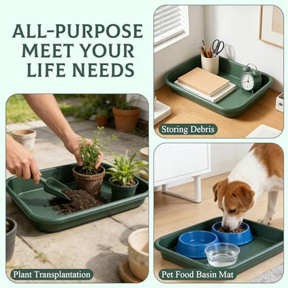 Rainmae 2 Set Garden Tidy Trays with Shovels, Large Potting Tray for Seeding, Mixing Soil and Repotting, One-Piece Gardening Tray for Succulents, Cactus and Indoor Plants, 23 x 13.6 x 4.5 Inch, Green