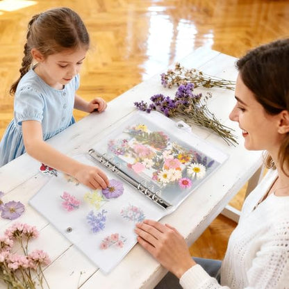 Alvian A4 Dried Flower Pressing Scrapbook Kit - 50pcs Floral Stickers & Transparent Pages for Pressed Flower Storage, Organizing, Resin Art & Scrapbooking - Ideal Gift for Gardeners, Plant Lovers