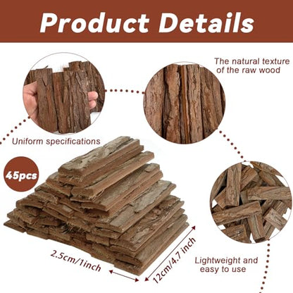Morofme 45Pcs Natural Tree Bark Craft Wood Bark Strips Unfinished Tree Barks Planks Wooden Sticks 4.7" x 1" Wood Log Twigs for Crafting Project DIY Fairy Door Miniature House Roof Reptile