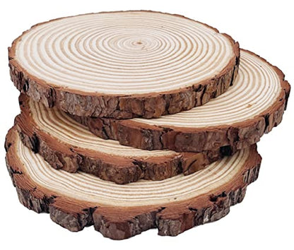 Natural Round Discs Rustic Wood Slices 4 PCS 8.2-9 inch Unfinished Wood kit Circles Crafts Tree Slices with Bark Log Discs for DIY Arts and Wedding Party Potluck Banquet Ornaments Decorations - size: 4 Pcs 8.2-9 inch