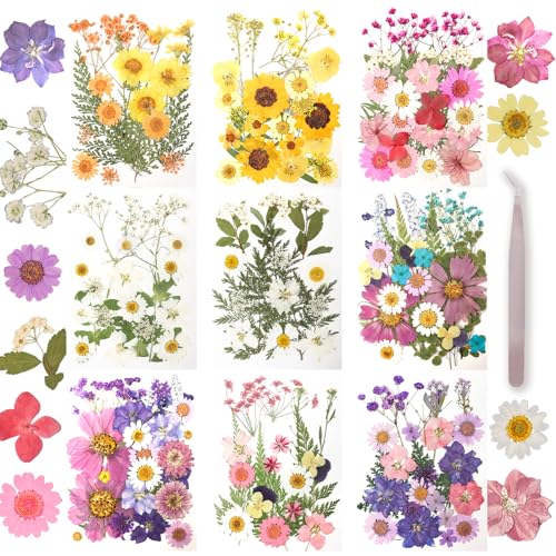 200Pcs Dried Pressed Flowers Resin Mould Real Flowers Natural Dry Leaves Bulk Mixed Colorful Herbs Kit with Tweezers for Scrapbooking DIY Candle Jewelry Crafts Making Nails Decoration(Multicolor) - color: Multi Color