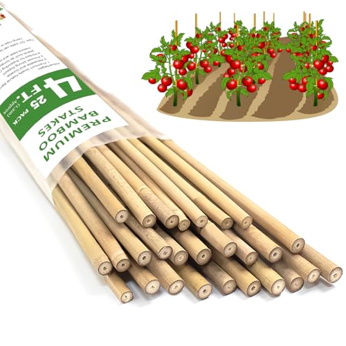 Plant Stakes, 4 FT Natural Bamboo Stakes Plant Support Stakes - 25Pcs - size: 4 FT,Pack of 25