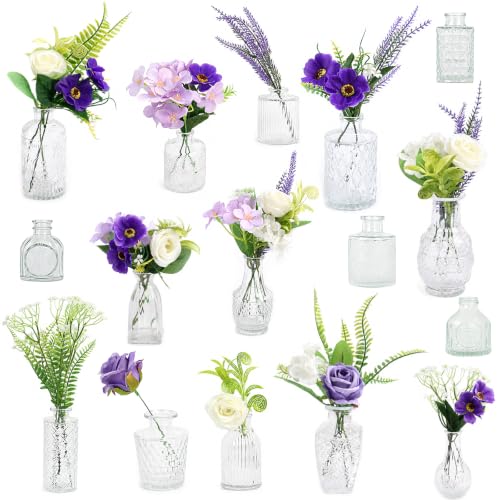 WARMALL Artificial Flowers with Vases, 16 Pcs Bud Vases, & 44Pcs Artificial Purple Flower DIY Set Suitable for Centerpieces Table Weddings Party Office and Indoor Decor Mini Small Glass Clear（Purple） - color: Purple
