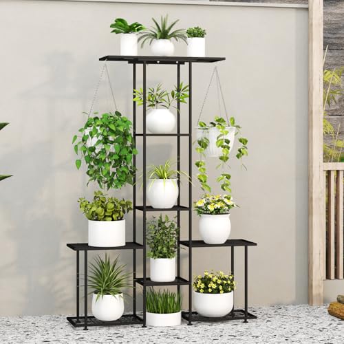 Plant Stand Indoor Outdoor, Metal 6 Tier Tall Hanging Plant Shelf for Multiple Flower Planter Large Heavy Duty Ladder Plant Holder for Garden, Black (y-201) - size: y-201