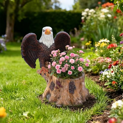 Eagle Flower Pot - 25" Large Bald Eagle Garden Statue with Light Wood Stump Planter, 15.4 lbs Durable Resin Bird Figurine, Patriotic Outdoor Sculpture for Yard Art and Landscape Decoration - color: White, Brown, Orange