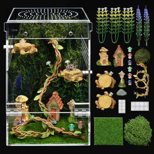 Jumping Spider Enclosure Starter Kit,Escape Proof Forest Terrarium | Praying Mantis Terrariums,Transparent Acrylic Complete Bug Habitat,All In One Arboreal Tarantula Cribs Cage,Insect Container - color: Green, size: Large