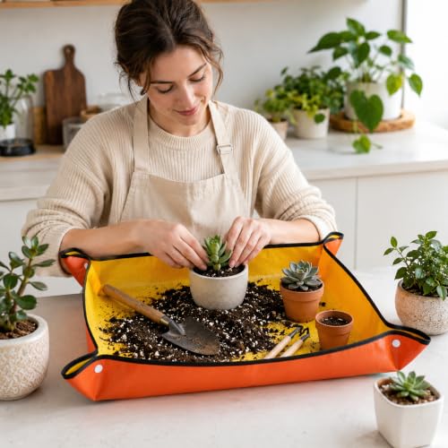 Waterproof Plant Repotting Mat for Indoor Gardening, Foldable Potting Mat,26"x26" Square Transplanting Pad with Copper Buckles for Mess Control,Orange - color: Orange, size: 26"x26"