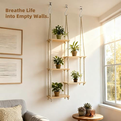 Window Plant Shelves for Indoor Plants Plant Shelf Indoor Wall Mounted Hanging Plant Stand with Wooden Shelves for Windowsill Boho Indoor Plant Shelf for Window Sill