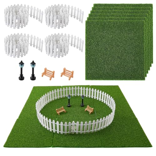 FINGERINSPIRE Dollhouse Mini Garden Decor Set Including 4Pcs Wooden Fence 6Pcs TPE Artificial Lawn Mat 2Pcs Wood Street Lamp 2Pcs ABS Plastic Mini Chair for Adults Dollhouse Decor Home Micro Landscape
