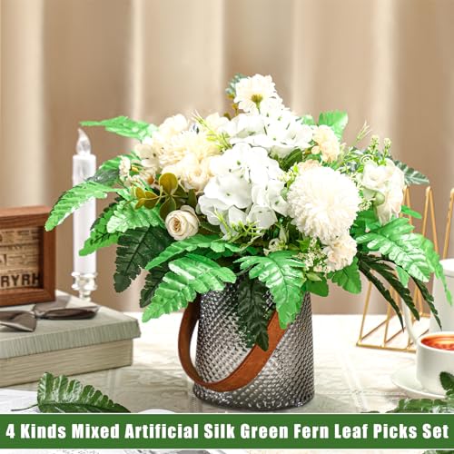 48 Pcs Spring Artificial Silk Leather Leaf Fern Stems 4 Styles Wedding Greenery Faux Leaves Pick 15.8 Inch 14.6 Inch Cemetery Leaf Plant Bouquet for Wedding Decor Garden Room Porch Decor