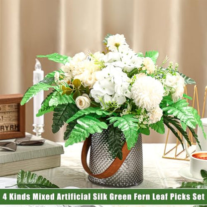 48 Pcs Spring Artificial Silk Leather Leaf Fern Stems 4 Styles Wedding Greenery Faux Leaves Pick 15.8 Inch 14.6 Inch Cemetery Leaf Plant Bouquet for Wedding Decor Garden Room Porch Decor