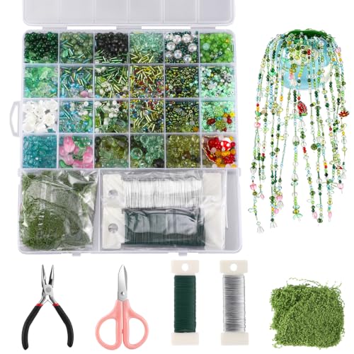 Xapryon Green Glass Beaded Plant Kit with Wire and Craft Guide | Green glass leaf and floral beads with flexible wire and faux moss for beaded plants, jewelry, ornaments and suncatchers