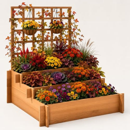 43" 3-Tier Fir Wood Raised Garden Bed Planter with Trellis | Fir wood tiered planter with trellis, liners, and 3 growing beds for flowers, herbs, veggies, vines, patio, or yard - color: 3-tier Raised Garden Bed With Trellis