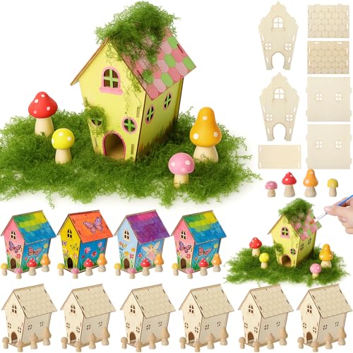 DoubleFill 10 Sets Wooden Fairy House Craft Kit for Kids - Classroom DIY Fairy Garden with Paints & Decorations - School Arts Crafts & Birthday Gift for Children Activity Party Decor (Classic Style)