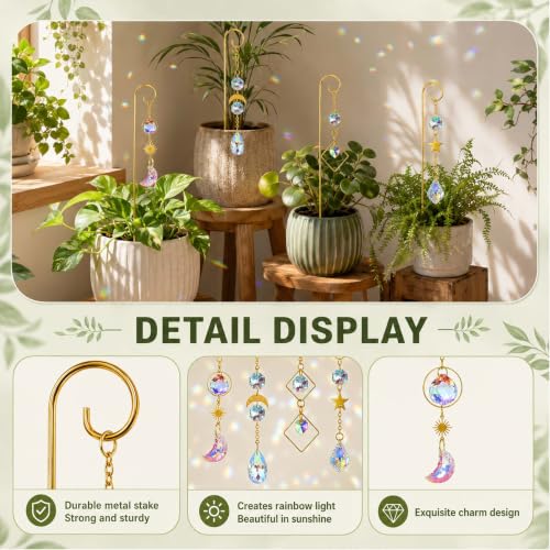 4 Pcs Small Trellis for Potted Plants Indoor with Crystal Sun Catcher Pendant, Metal Plant Stake for Mini Potted Plant Decoration for Home Window Garden