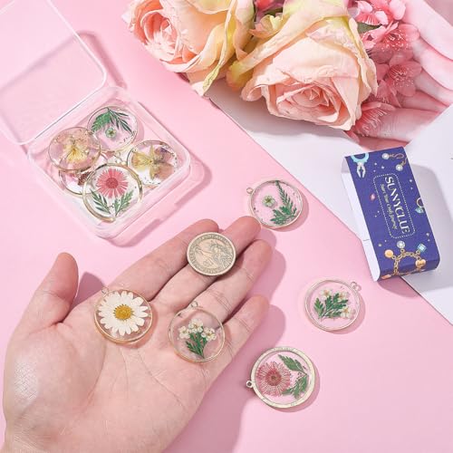 SUNNYCLUE 1 Box 12Pcs Dried Flower Resin Charms Pressed Flower Charm Round Shape Gold Edge Resin Floral Pendants for Jewelry Making Necklace Earring Keychain Bookmark Jewelry Making DIY Crafts