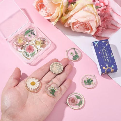 SUNNYCLUE 1 Box 12Pcs Dried Flower Resin Charms Pressed Flower Charm Round Shape Gold Edge Resin Floral Pendants for Jewelry Making Necklace Earring Keychain Bookmark Jewelry Making DIY Crafts