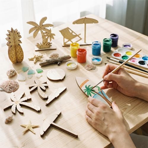 DIY 3D Summer Wood Crafts to Paint, 4 Styles DIY Blank Unfinished Wooden Slices for Craft, Beach Chair Surfboard Pineapple Coconut Tree Cutouts Ornament for Painting Decorations (45 PCS) - size: Summer