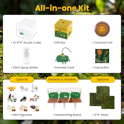 DIY Moss Terrarium Kit, 4 * 4 * 4 inch Acrylic Cube Mini Garden with Live Star Moss, Soil, Endless Love-Craft Kit for Adults and Teens, Relaxing Desk Decor & Unique Gift for Home or Office