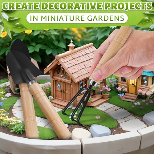 3 Pcs Mini Garden Tools, Shovel, Rake, Wooden Handles, Steel Heads | Small Gardening Tools Set, Tiny Trowel for Transplanting, Repotting and Planting, for Indoor Plants, Succulents and Bonsai - color: Black Set of 3