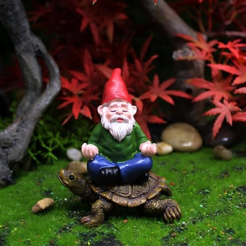 Garden Gnome Meditating on Turtle Statue, Miniature Fairy Garden Decoration, Tiny Gnome Figurine Plant Pot Decor 3 x 2.6 x 2.2 inches - style: Meditation Gnome