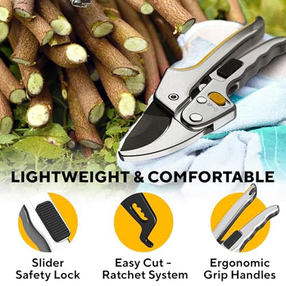 Gerossi Ratchet Pruning Shears Heavy Duty, Hand Pruners for Gardening - color: Silver-yellow