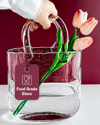 OLEEK Purse vases for Flowers (Handmade) Glass Bag vase -10 Inches- Blue for centerpieces & Fish Bowl - Handbag Unique Flower vase Decorative - Glass Handbag vases for Cute Room Decor - color: Clear Transparent
