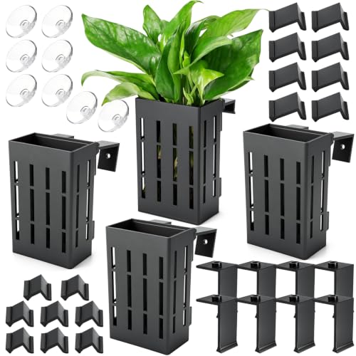 Borlech Upgraded Large Aquarium Plant Holder with Hooks and Suction Cups for Fish Tank Aquaponic Plant Cultivation and Aquascape Decorations (Black) - color: Black-4 Pack