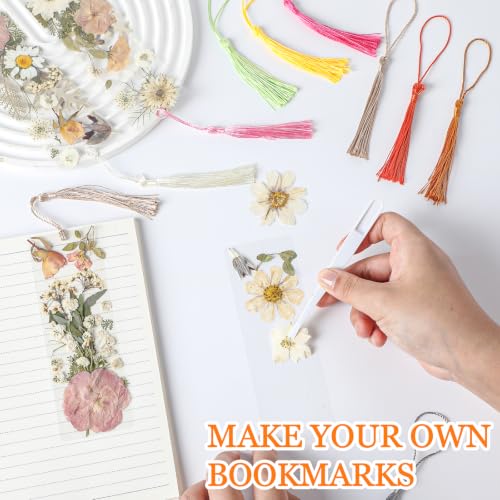 20 Sets Dried Flower Bookmark Making Kit Transparent Bookmark DIY Projects Craft Gift Bulk PET Sticker with Color Tassels and Tweezer for Classroom Activities Reading Award and Book Lovers (Boho) - style: Boho
