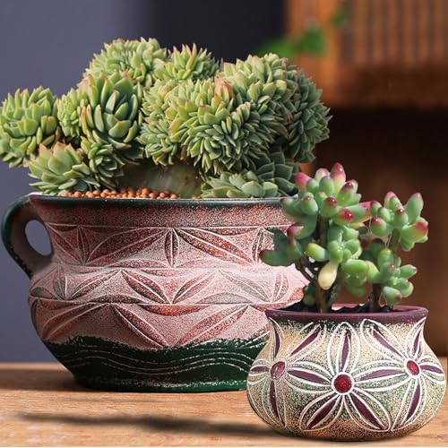 Ceramic Succulent Pot with Drainage Hole, Bohemia Rustic Decorative Planter, Set of 2, Indoor Outdoor - size: 2 Colorful Pots-02