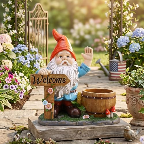 Waving Gnome Welcome Garden Sculpture - 26 Inch Resin Decorative Barrel Flower Pot, Outdoor Large Standing Figurine for Balcony, Terrace Decor, Durable Lawn Ornament, for Patio Lovers - color: Waving Gnome