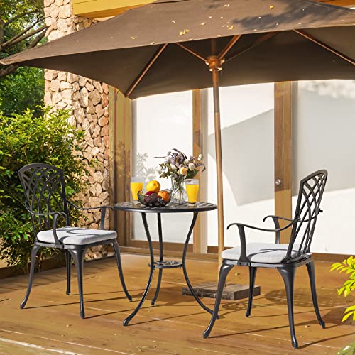 NUU GARDEN 3 Piece Bistro Table Set Cast Aluminum Outdoor Patio Furniture with Umbrella Hole and Grey Cushions for Patio Balcony, Black - color: Gray Cushion