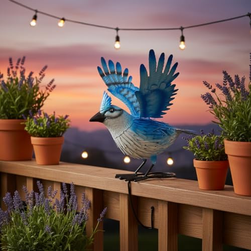Cruis Cuka 9.5" Blue Jay Garden Decor, Hand-Painted Metal Bird Sculpture, Weatherproof Yard Art for Patio, Farmhouse Spring Gift