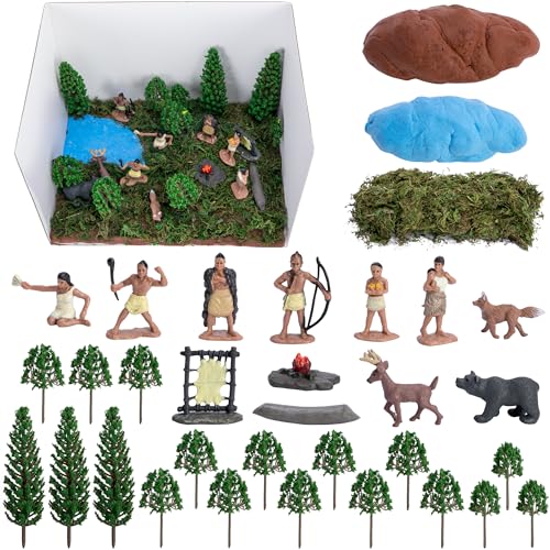 33 Pcs Native American Figurines Diorama Box Kit, Indian Figures Toys Model Diorama Project Set, American Indians Action Figurines Dioramas Supplies for DIY Crafts Historical Education School Project - color: Native American-33pcs