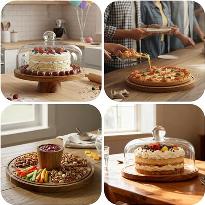 Acacia Wood Cake Stand with Scratch-Resistant Glass Dome Lid – 12-Inch Round Cake Holder with Screw-Type Base, Wooden Dessert Display Stand with Cover for Cakes, Pastries, Cheese & Charcuterie